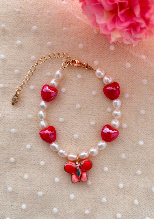 ❤️"Scarlet Butterfly Love"Bracelet with Freshwater Pearls, Red Heart & Ceramic Butterfly Charms