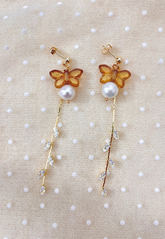 Amber 🦋Butterfly Drop Earrings with Freshwater Pearls & Zircon