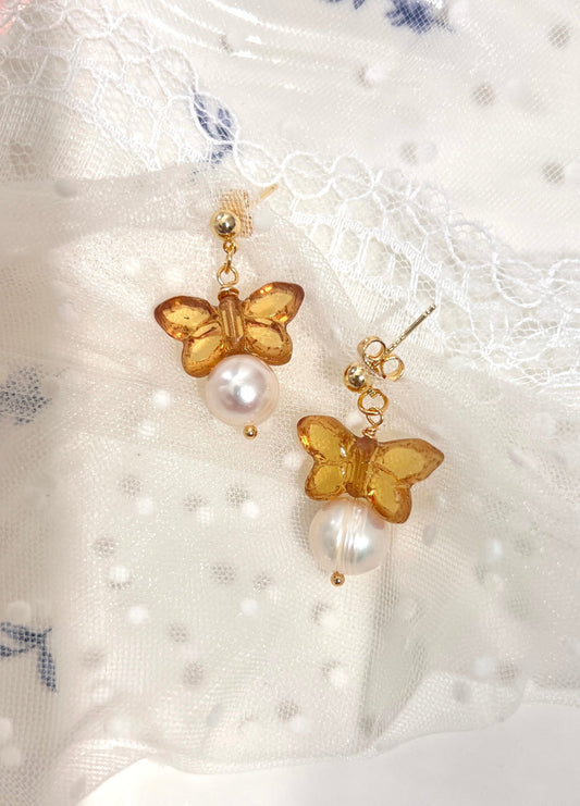 Amber Butterfly🦋 Freshwater Pearl Earrings