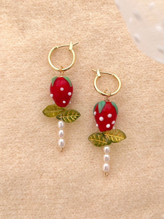 Strawberry 🍓 & Pearl Drop Hoop Earrings