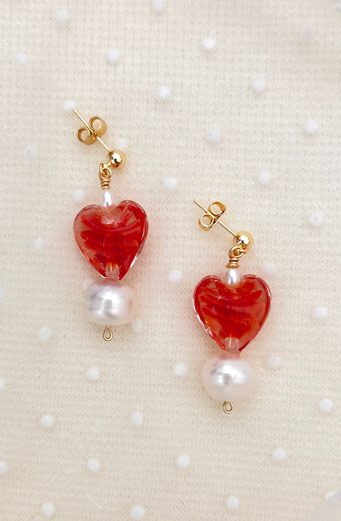 "Whispers of Love" Red Heart ♥️ Glass & Pearl Earrings