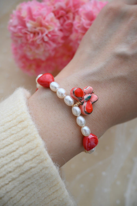 ❤️"Scarlet Butterfly Love"Bracelet with Freshwater Pearls, Red Heart & Ceramic Butterfly Charms