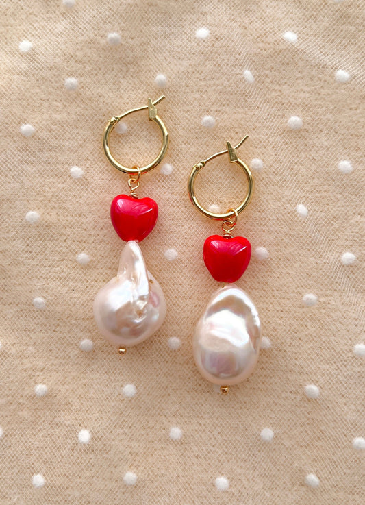 ❤️ Red Heart Baroque Pearl Hoop Earrings