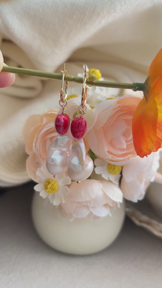 ❤️ Red Heart Baroque Pearl Hoop Earrings