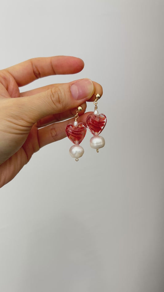 "Whispers of Love" Red Heart ♥️ Glass & Pearl Earrings