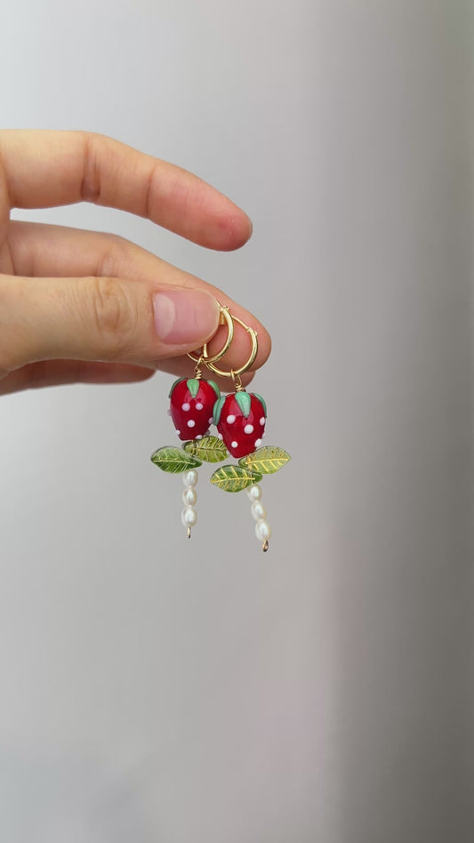 Strawberry 🍓 & Pearl Drop Hoop Earrings