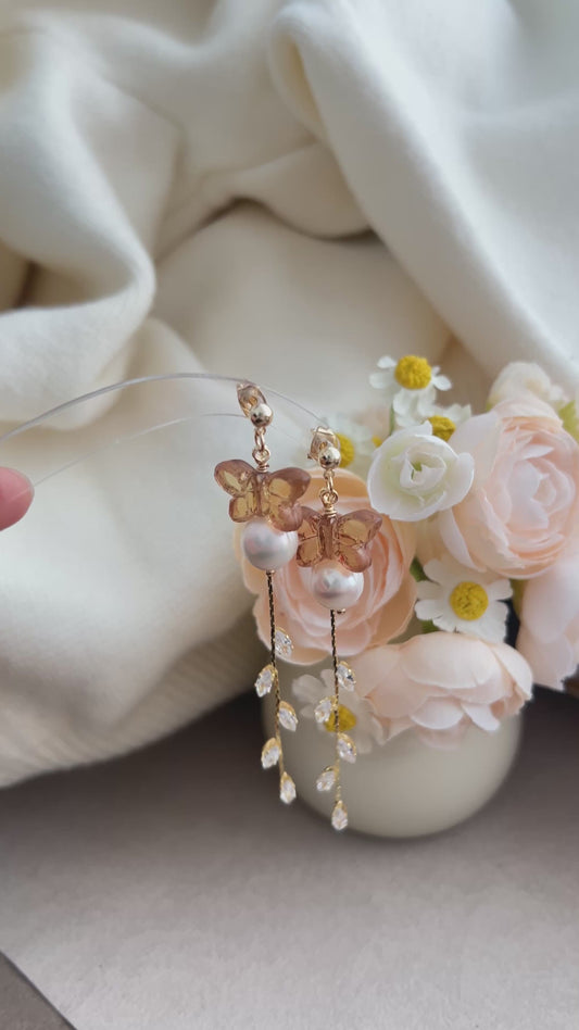 Amber 🦋Butterfly Drop Earrings with Freshwater Pearls & Zircon